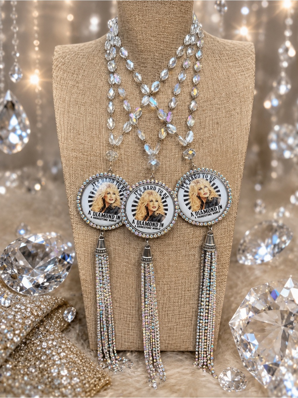 Dolly Iridescent Crystal Medallion Tassel Necklace It’s Hard to be a Diamond.
